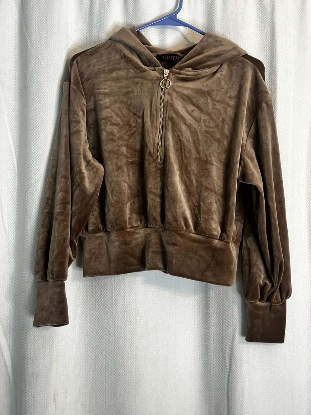 TRUTH by Republic Brown Velour Half-Zip Cropped Hoodie Size S